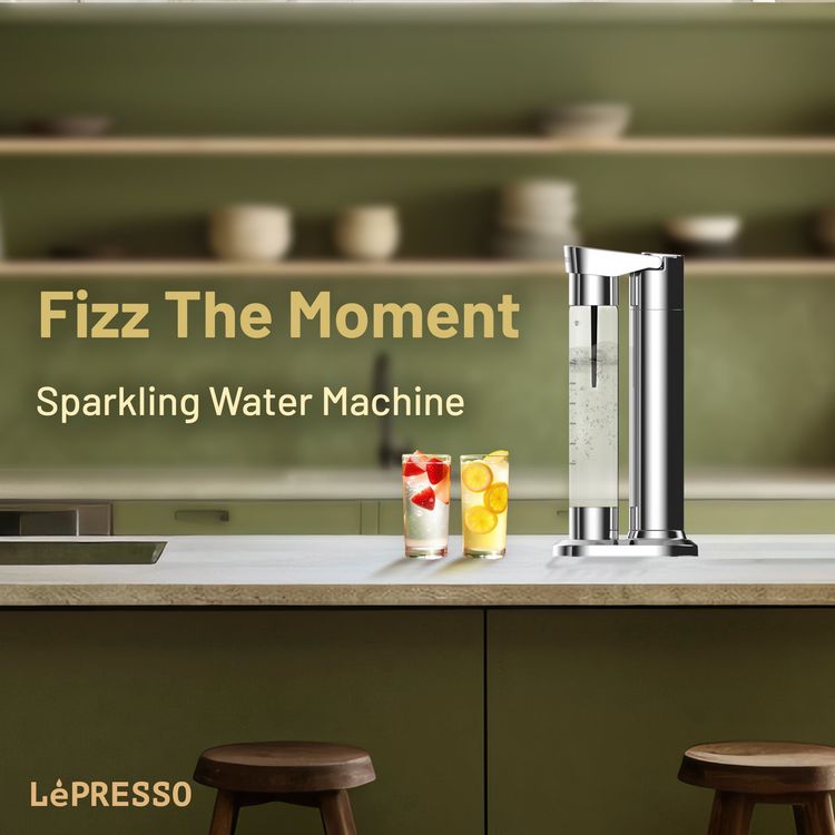 LePresso Fizznest Sparkling Water Machine with Slow-Fast Releasing System, 800mL Sparkling Water Capacity, Compatible with CO2 Capsule Chargers, Dual-Bottle, Stainless Steel 304 Material, Explosion-Proof Pet, BPA-Free Design - Silver