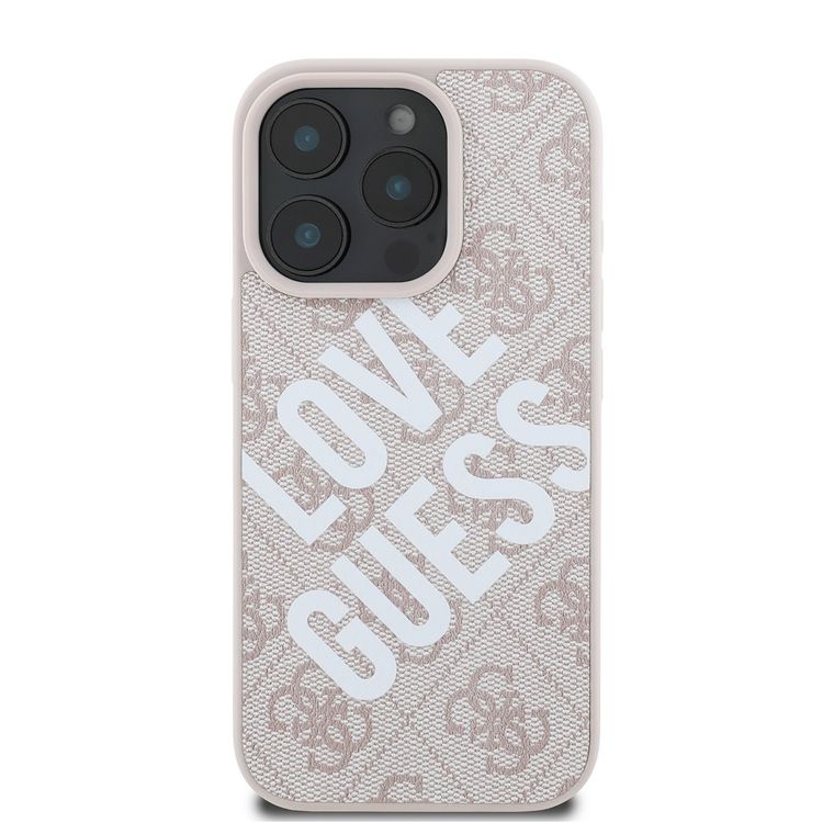 Guess PU 4G Hard Case with Big Love Guess Logo For iPhone 16 Pro Max, High Quality Material, Lightweight, Easy Snap-on - Pink