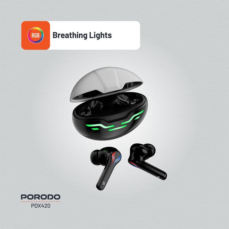 Porodo Gaming Ultra Low-Latency Gaming Earbuds, 5h Playtime, Bluetooth 5.4, ENC Support, RGB Breathing Lights, 200mAh Battery Capacity, 1000h Standby Time, Type-C Charging - Black  