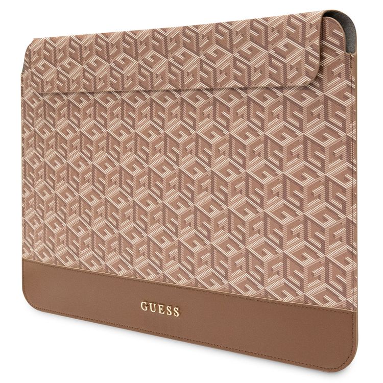 Guess Gcube Stripes Computer Sleeve for MacBook 13"/14" with Synthetic Leather Material, Magnetic Lock, Water Resistant - Brown
