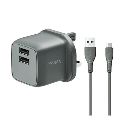 PAWA PocketMini Dual USB Travel Charger UK Standard With USB-A to Micro Cable - Gray
