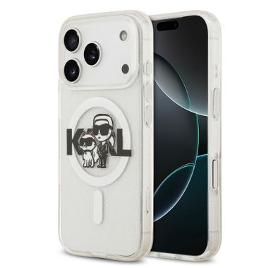 Karl Lagerfeld MagSafe IML Glitter Case with Karl & Choupette Heads for iPhone 17 Pro, Drop Protection, Slim Profile & Lightweight Design, Easy Snap-On, Comfortable Grip, Sustainable Packaging - Transparent