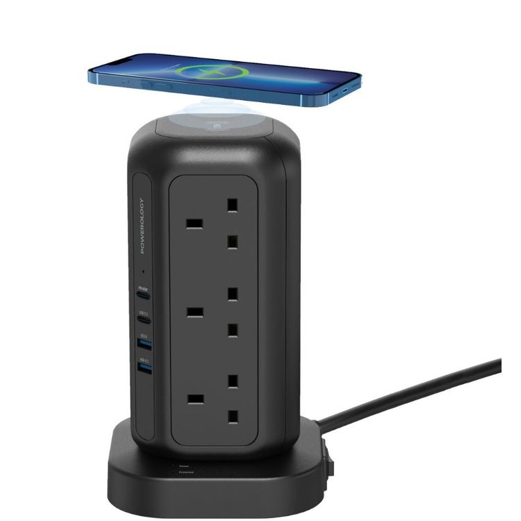 Powerology 12 Socket Multi-Port Tower Extension & Charge - Black