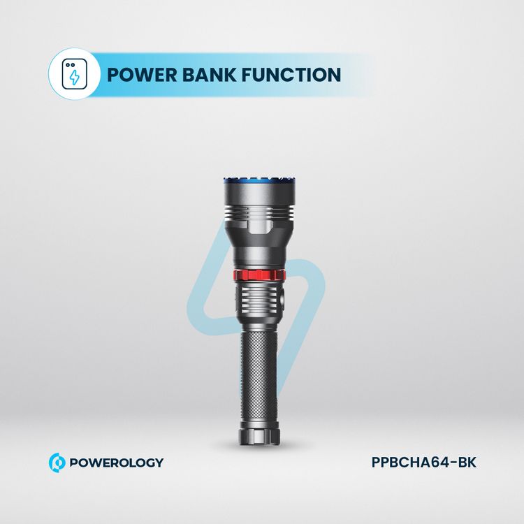 Powerology Rechargeable LED Flashlight with Power Bank Function, IPX7 Waterproof, 60 Hours Battery Life, 7000K Color Temperature, 920 Meters Beam Distance - Black