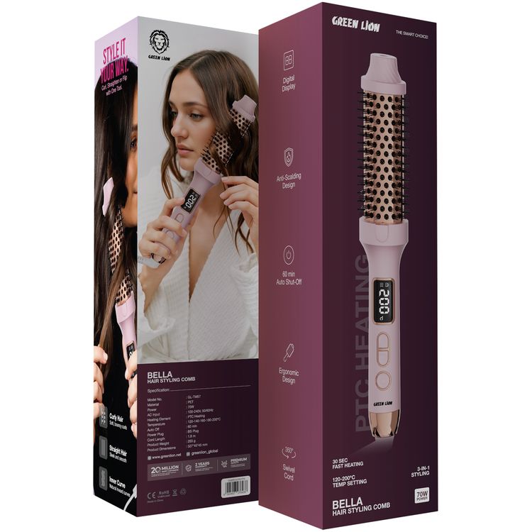 Green Lion Bella Hair Styling Comb with Digital Display, ABS Material, 3 Styling Modes, 70W Power, Auto-Off Function, 360° Swivel Cord, PTC Heating Element, Anti-Scalding Design - Pink