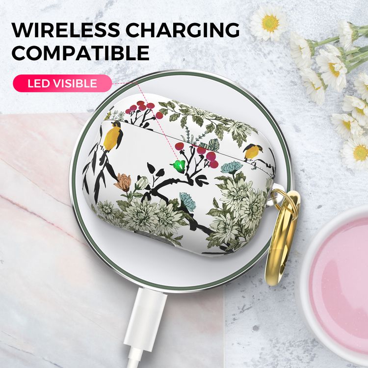 AhaStyle Premium TPU Rugged Hard Shell Design Case with Anti-Lost Ring Compatible for AirPods Pro, Scratch Resistant, Shock Absorption, Drop Protection, & Dustproof Protective Hard Shell Cover Suitable with Wireless Charging - Ink Flowers & Birds - AirPods Pro