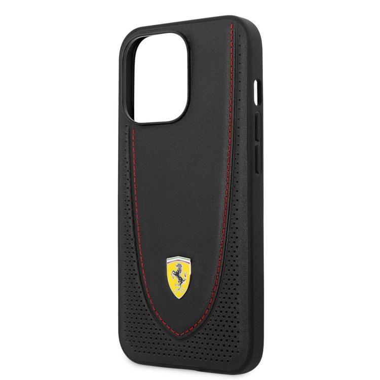 CG MOBILE Ferrari Genuine Leather Hard Case with Curved Line Stitched & Perforated Leather Compatible for iPhone 13 Pro (6.1") Shock & Scratches Resistant