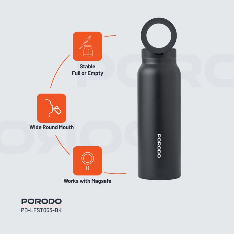 Porodo Magnetic Mount Water Bottle with Strong Magnetic Hold, Stainless Steel Material, Double-Wall Insulation, Versatile and Portable, Strong Magnetic Hold, Works with MagSafe, Wide Round Mouth - Black 
