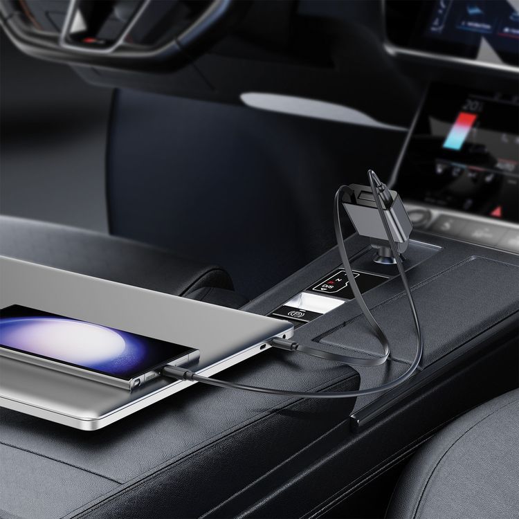 Green Lion Retractable 75W Car Charger with 50% Charging in 30 Minutes, Retractable 80cm Cable for Tangle-Free Use, Built-in Safety Fuse for Protection, On-the-Go Convenience, Simultaneous Charging, PC + Aluminum Alloy Material - Gray