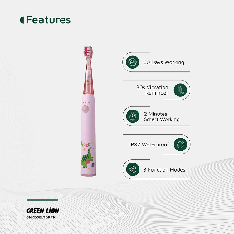 Green Lion Kids Electric Toothbrush with 3 Function Modes, 60 Days Working Time, Food-Grade Bristles, Waterproof, Shining Lights, 500mAh Battery Capacity - Pink 