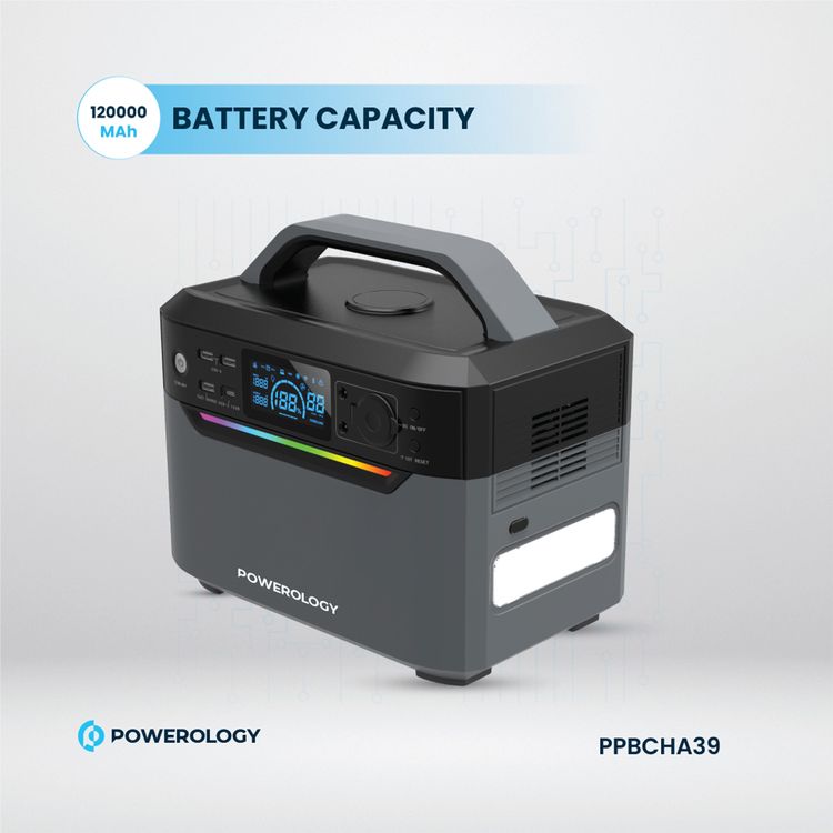 Powerology 600W Power Generator with Dual AC Sockets, USB-C, Dual USB-A & Wireless Outputs, Built-in Flashlight, 120000mAh Battery Capacity, Solar Charging Capability, Portable Design - Black