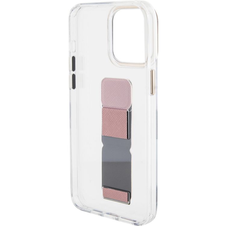 Guess Gripstand Clear Case with Saffiano Grip Leather & 4G Logo for iPhone 15 Pro Max -Black - القرنفل
