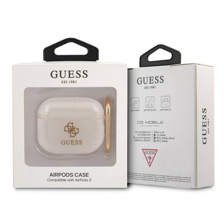 Guess Colored Glitter Case for AirPods 3, TPU, Drop Protection, Easy Snap-On, Practical Handle for Attachment - Gold
