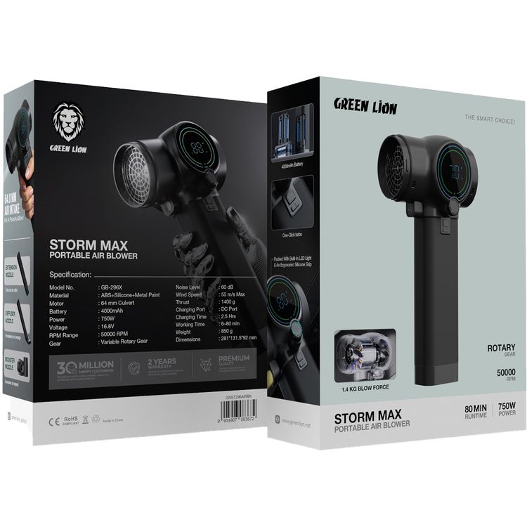 Green Lion Storm Max Portable Air Blower with Booster, Diffuser & Extension Nozzles, 4000mAh Battery, Up to 80 Minutes Working Time, 750W Power, Ergonomic Silicone Grip, Built-in LED Light, Variable Rotary Gear - Black