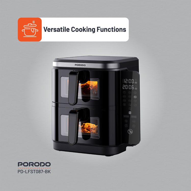 Porodo Lifestyle Double Stack Air Fryer, 11L Capacity, 2800W Power, 220-240V Voltage, 50-60Hz Frequency, 12 Presets, Touch Control - Black