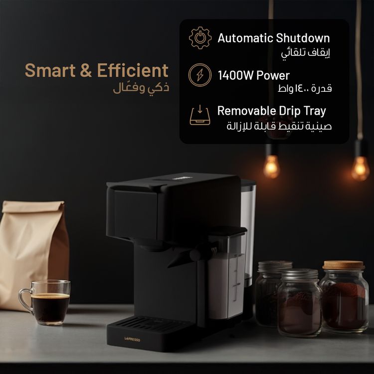 LePresso Crema Pro Multi-Capsule Coffee Machine with Double Boiler, Milk Frothing System, Capsule Holder, Ground Coffee Holder, 200mL Milk Tank Capacity, 850mL  Water Tank Capacity, 3-Pin UK Plug Power, Automatic Shutdown - Black