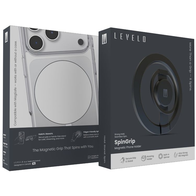 Levelo SpinGrip Magnetic Phone Grip Holder with Built-in Spinner, Full Rotation, Non-Slip Surface, N52 Magnet Type - Black 