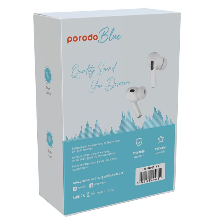 Porodo Blue AirPods Pro2 with Screen, Deep Bass, Touch Control, Camera Shutter, Music Playback, Call Management, 20 Hours Working Time, 1.47 inches Screen size - White