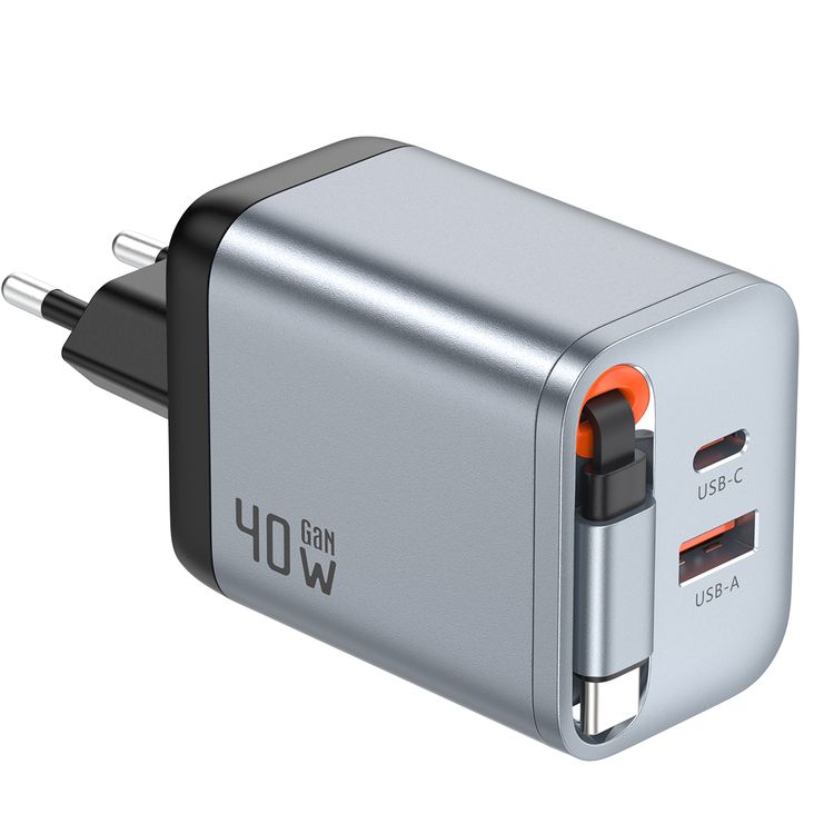 Green Lion GaNPremium EU Plug Wall Charger with 40W Power Delivery, Retractable Type-C Cable, 0%-50% Charge in 30 Minutes, PC Flame Retardant Material, USB-C & USB-A Ports - Gray