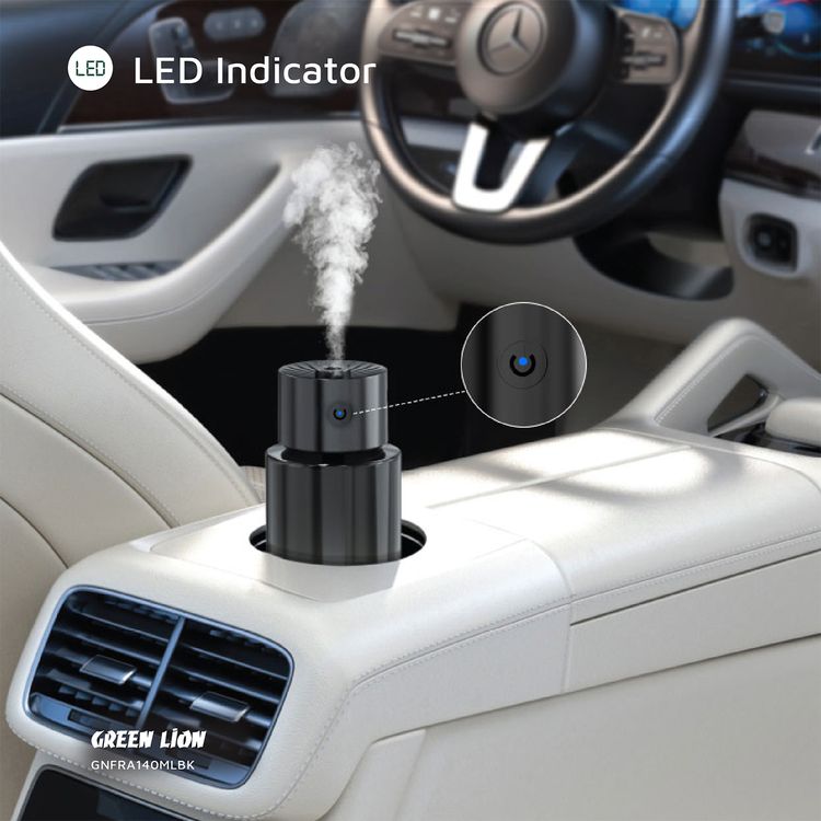 موزع عطر Green Lion بسعة 140 مل من الزيت، مصنوع من مادة الزجاج والبولي كربونات، سعة بطارية 200 مللي أمبير، منفذ شحن من النوع C، وقت شحن 1 ساعة، وقت عمل 3-4 ساعات، تحكم باللمس، مؤشر LED - أسود