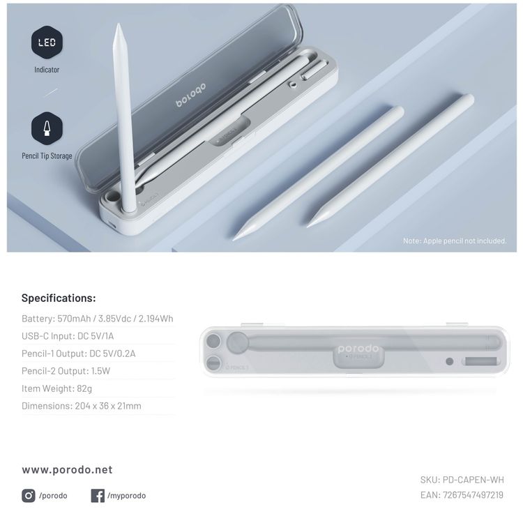 Porodo Charging & Storage for Pencil 1/2 570mAh - White