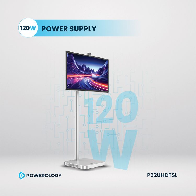 Powerology 32" Google 4K Screen with 4K Camera, 8GB RAM, 128GB Memory, 9800mAh Battery, 16.7M Colors, Android 13, 4 Hours Working Time, Dual 10W Speakers, 2.5 Hours Charging Time - Silver