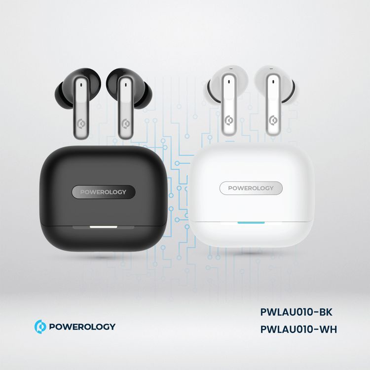 Powerology Hybrid True Wireless Earbuds with ANC + ENC, 6 Microphone, Bluetooth Version 5.3 & Type-C Charging Port - Black 
