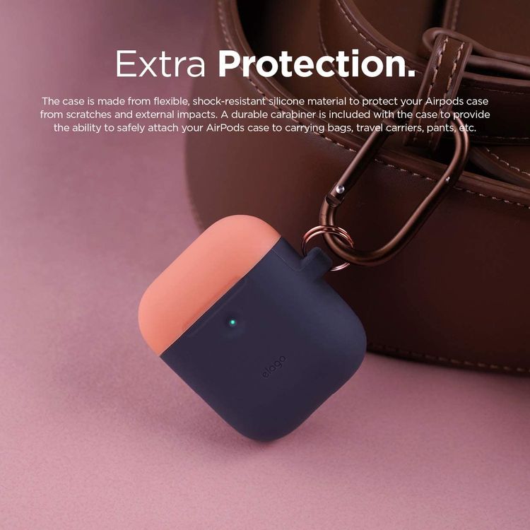 Elago Duo Hang Silicone Case with Apple AirPods Case 1 & 2 Generation, Drop Resistant, Dustproof and Absorbing Protective Cover with Hang Case Body-Jean Indigo / Top-Peach, Gray