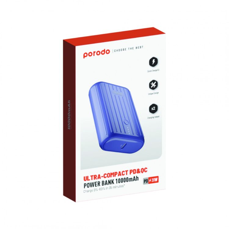 Porodo Power Bank 10000mAh QC3.0 with PD 20W, Dual Output, 3.5H Charging Time, Unique Design, Portable, Fast Charging - Purple