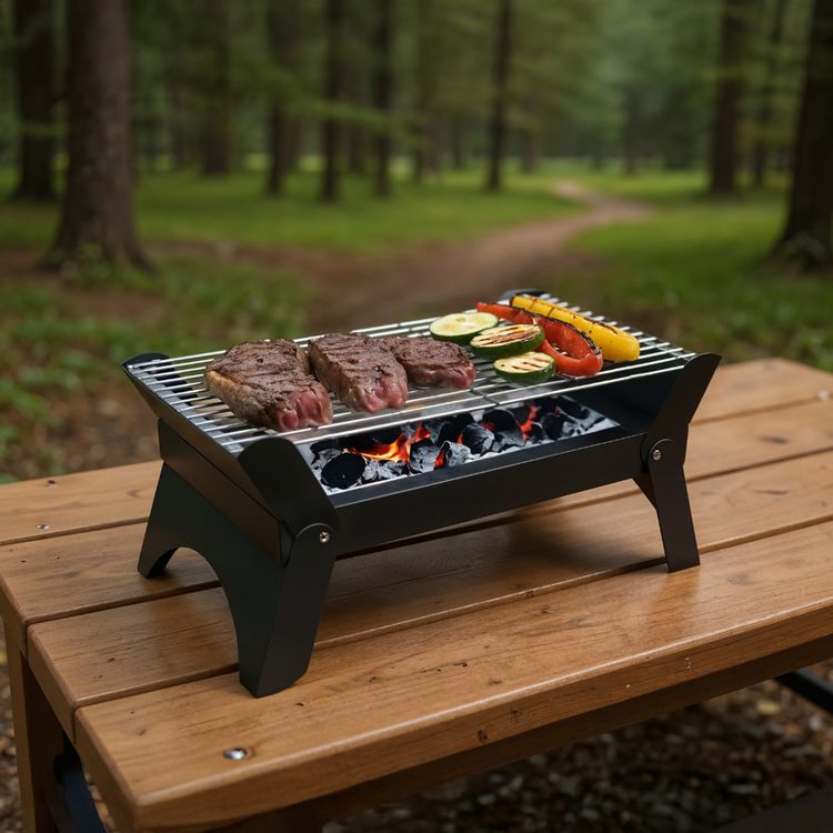 شواية باربكيو قابلة للطي من جرين ليون كوادر مع صينية فحم متينة، وتهوية هواء فعالة، مصنوعة من الفولاذ، مناسبة للتخييم، ورف شواء قابل للإزالة - باللون الأسود.
