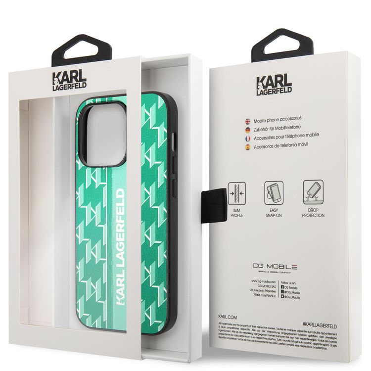Karl Lagerfeld Grained PU Leather Case with Monogram Pattern & Vertical Logo iPhone 14 Pro Compatibility - Green