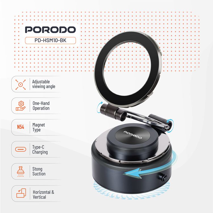 Porodo Vacuseal MagSafe Magnetic Mount with Adjustable Viewing Angle, Horizontal & Vertical Modes, One-Hand Operation, Up to 30 Days Working Time - Black