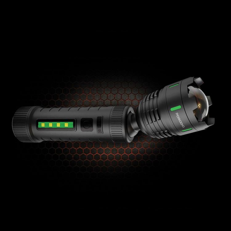 Porodo Lifestyle Orbit Multi-Color Laser Torch with 5000mAh Power Bank Function, 4 Light Modes, 8 Hours Main Light & 20 Hours Side Light Battery Life, 200m Beam Distance, 38-300 Lumens Brightness Range, Multi-Purpose Side Light, 360° Rotation, Zoom Focus - Black