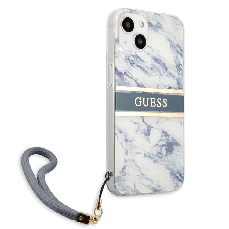 CG MOBILE Guess PC/TPU Case Marble Design & Stripe with Anti-Lost Nylon Strap for iPhone 13 (6.1") Shock Absorption & Drop Protection Suitable with Wireless Chargers Officially Licensed Blue