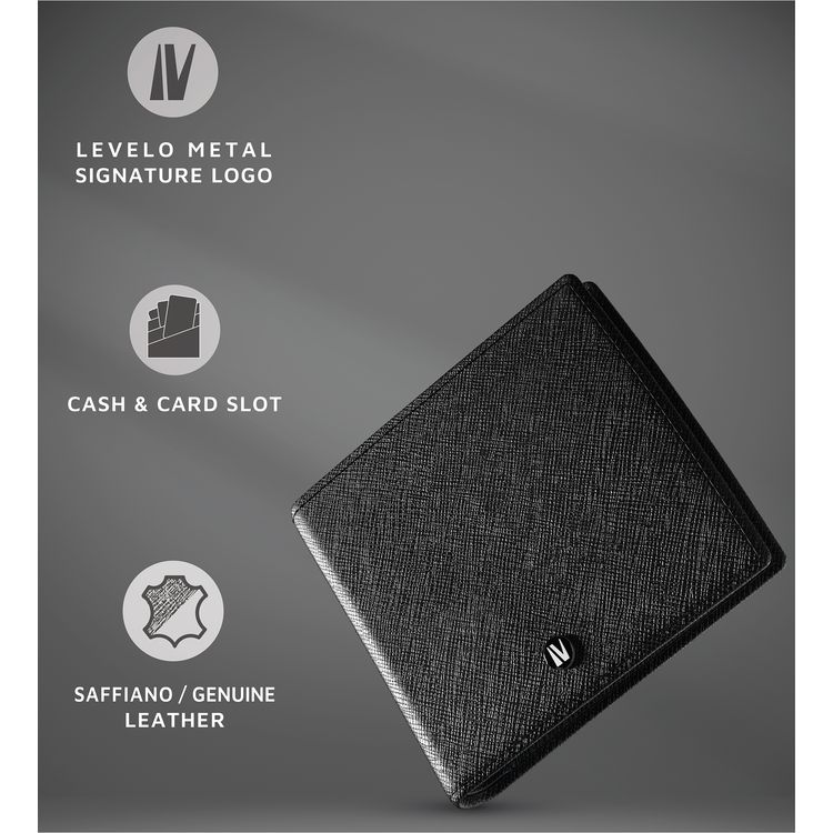 Levelo Billfold Men's Genuine Leather Wallet with Cash & Card Slots, Genuine Leather Material, Multiple Compartments, Lightweight & Compact Design - Black