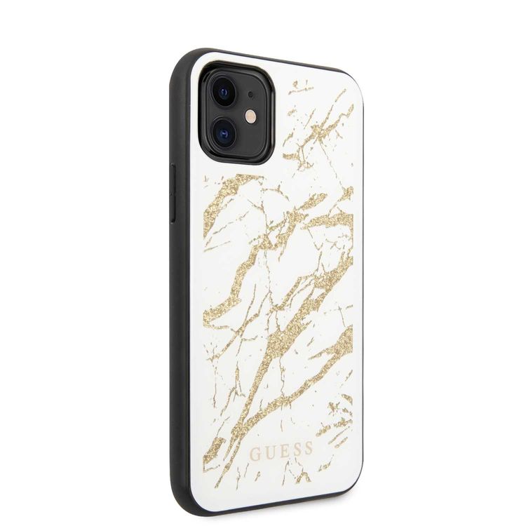 CG MOBILE Guess PC/TPU Layer Gold Glitter Marble Case Compatible with iPhone 11, Minimalist Design, Supports Wireless Charging, Scratch Resistant, Officially Licensed - White