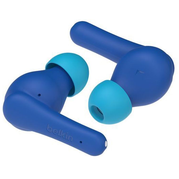 سماعات Belkin Audio True Wireless للأطفال Soundform، حماية السمع، مضادة للبكتيريا، محدد حجم الصوت، مدى تشغيل لاسلكي 30 قدم، 10 دقائق شحن سريع، تحكم باللمس - باللون الأزرق