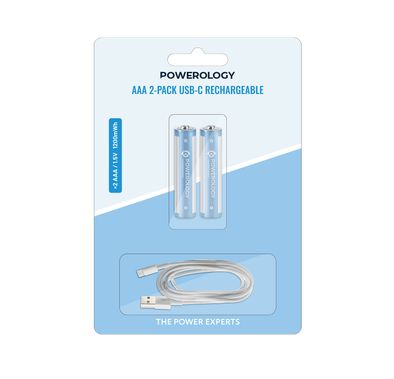 Powerology Rechargeable Battery 2-Pack with AAA Lithium-Ion Cell Type, 1200mAh Capacity, -20°C to 60°C Operating Temperature, USB-C Charging Port, 2 Hours Charging Time - Blue / White