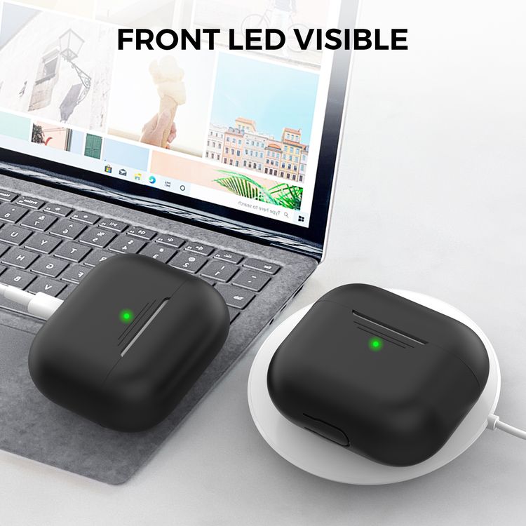 AhaStyle PT176-BK Full Cover Silicone Case for Airpods 3 Drop Shock Protection, Front LED Visible Cover with Carabiner Suitable with Wireless Chargers - Black