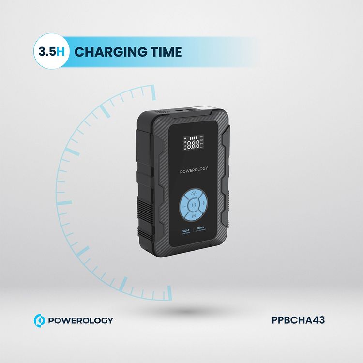 ضاغط هواء Powerology 20000mAh Power Bank Jump Start، أقصى وقت شحن 7.0±1.0 ساعة، PD 45 وات، ذروة التيار 3000 أمبير، محرك سعة 8 لتر - أسود 