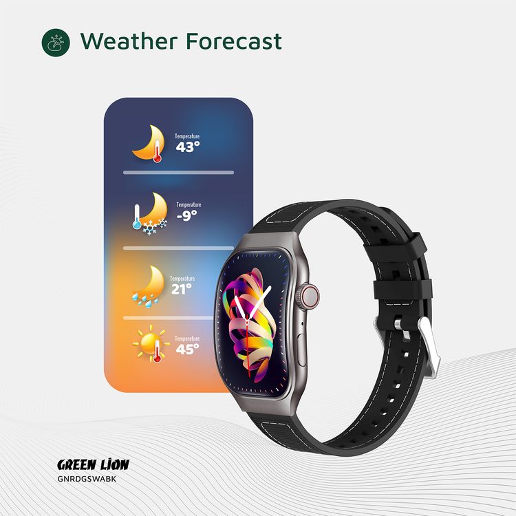 Green Lion Ridge Smart Watch with Magnetic Charging, Bluetooth Calls, Music Player, Health Monitoring, Metal Case Material, PU Leather Strap Material - Black / Black