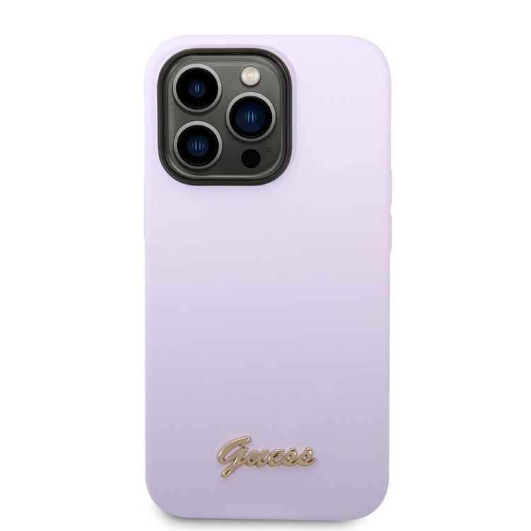 Guess Liquid Silicone Case With PC Camera Outline & Script Metal Logo - iPhone 14 Pro - Purple
