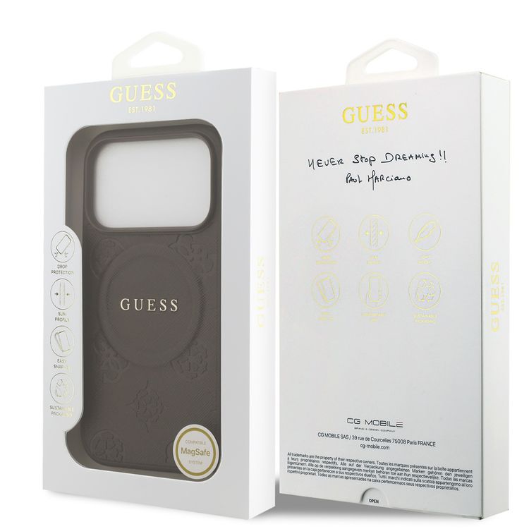 علبة جلد PU من Guess مع شعار كلاسيكي وتصميم ختم ساخن بزهرة الفاوانيا لجهاز iPhone 17 Pro Max، بتصميم نحيف، يسهل تركيبها، تعبئة مستدامة، قبضة مريحة، حماية من السقوط - بني