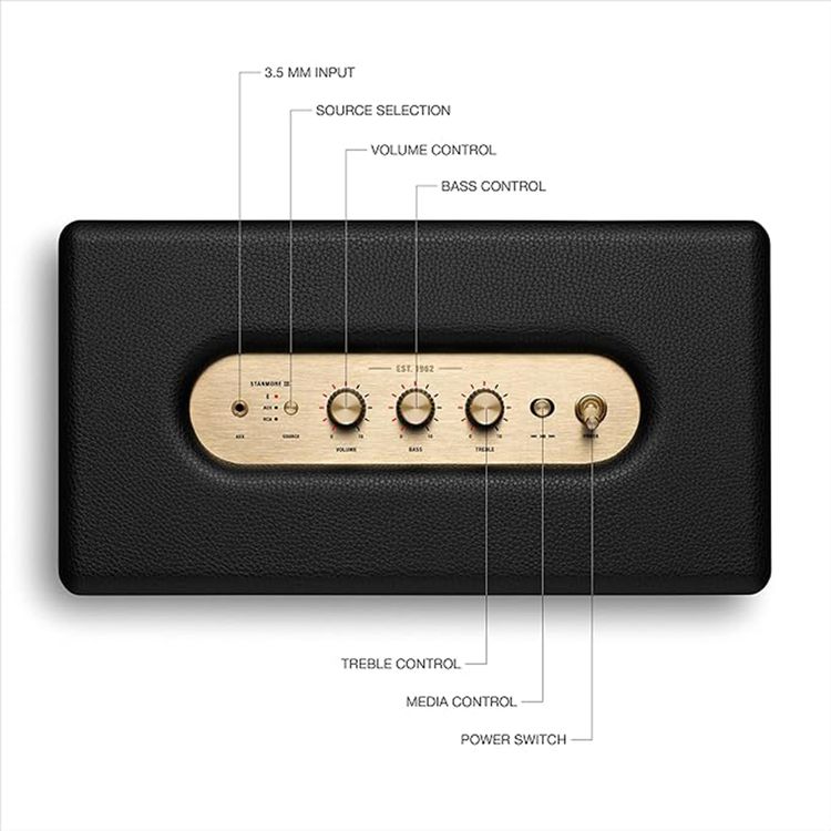 Marshall Stanmore III Wireless Portable Stereo Bluetooth Speaker, 10m Bluetooth Range, Bluetooth Version 5.2, Iconic Marshall Styling, High-quality Materials, Dynamic Loudness - Black