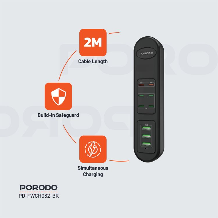 Porodo 50W Multi-Port USB Charging Hub with 20W Power Delivery, Simultaneous Charging, 2m Cable Length, Fast Charging Support, Built-in Safeguards - Black