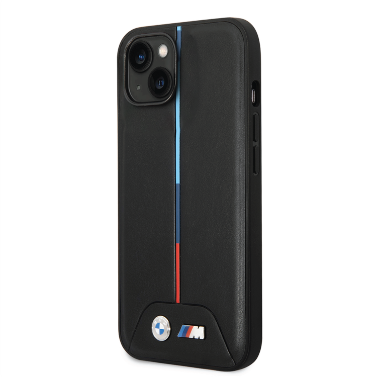 BMW M Collection Quilted PU Case with Hot Stamped Tricolor Stripe and Printed Logo iPhone 14 Plus Compatibility - Black