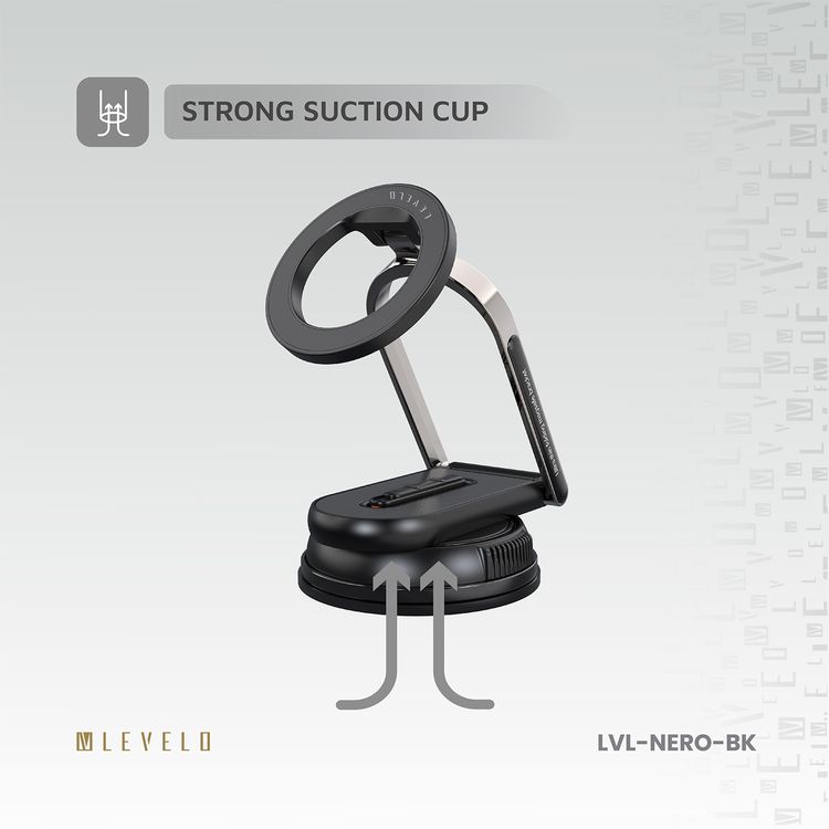 Levelo Nero MagSafe Car Holder & Selfie Stick with Foldable Design, N52 Magnet, Adjustable Angle, Strong Suction Type, Universal Compatibility - Black