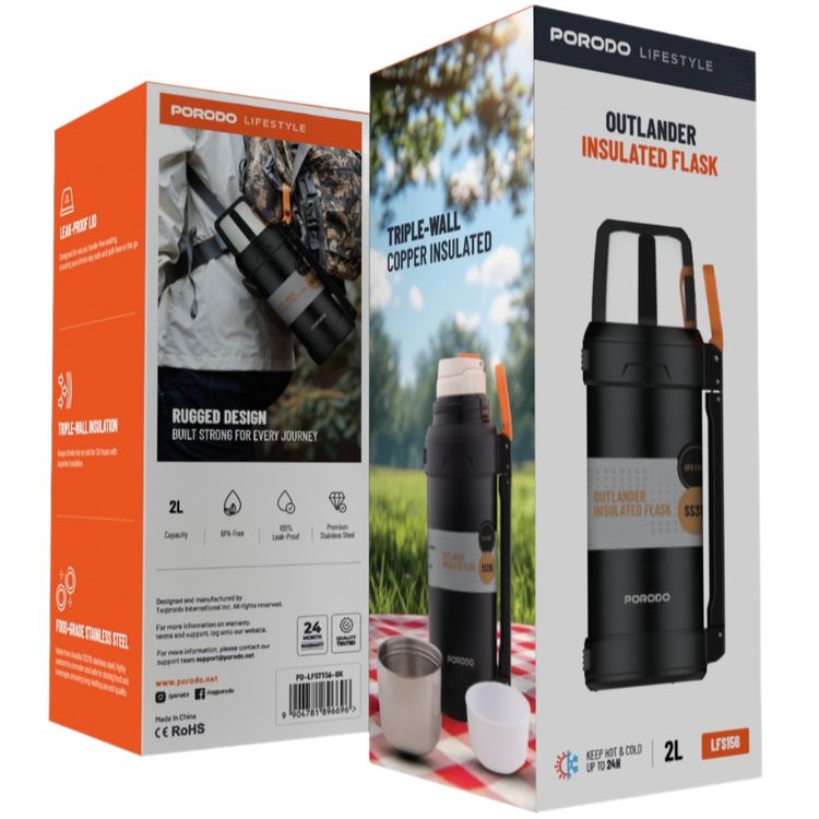 Porodo Lifestyle Outlander Insulation Flask with Triple-Wall Copper Insulated, Leak-Proof Lid, 2L Capacity, Keep Hot & Cold Up to 24 Hours, Food-Grade Stainless Steel - Black