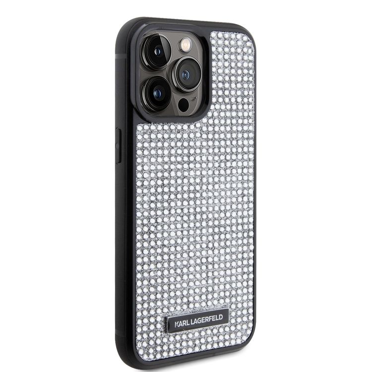 Karl Lagerfeld Rhinestone with Logo Metal Plate Case for iPhone 15 Pro Max - Silver