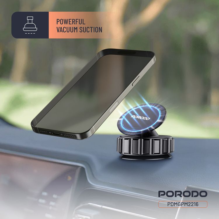 Porodo Multi-Surface Vacuum Suction Phone Holder with Adjustable Viewing Angle & 360° Rotation, Compatible with 4.7"-6.9" Phones, ABS & TPU Material, Double-Layer N52 Magnets - Black